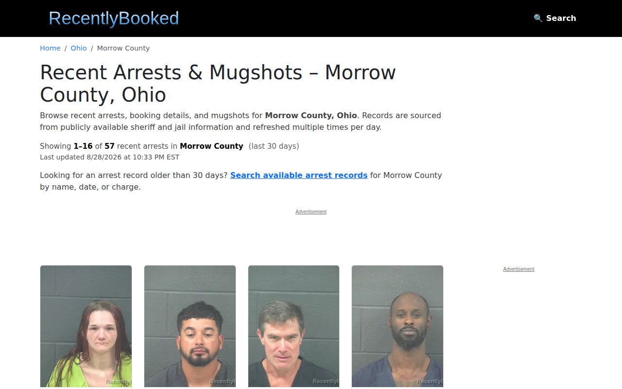 RecentlyBooked Morrow County unofficial recent-arrest source interface