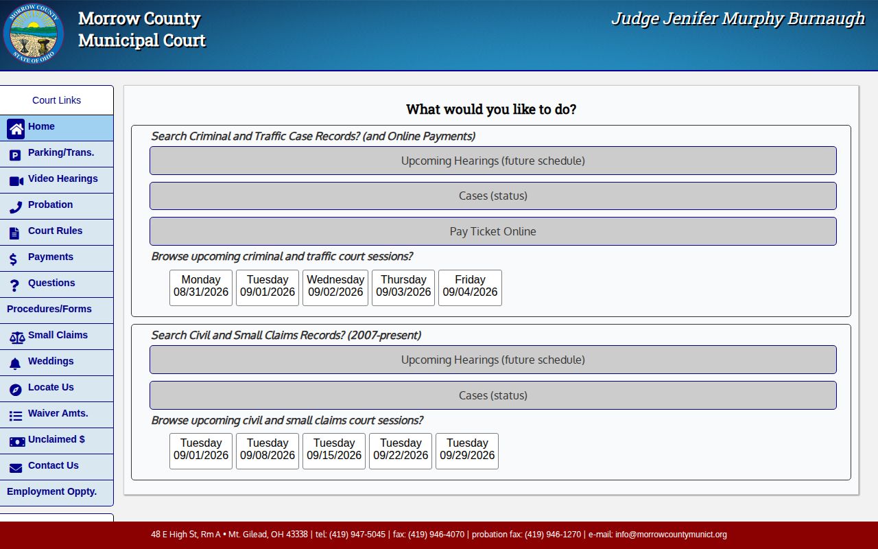Morrow County Municipal Court case status and record search interface