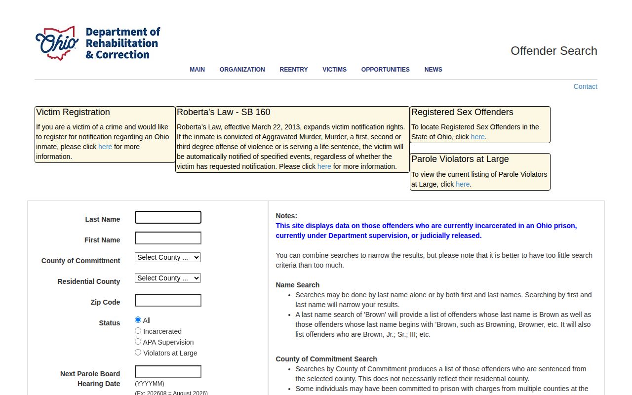 Ohio Department of Rehabilitation and Correction offender search for state custody