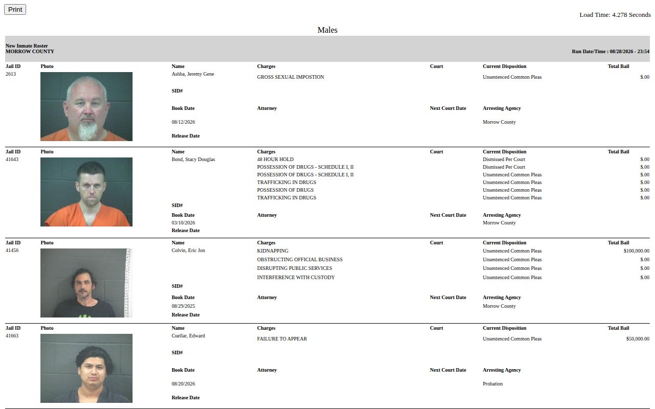 Official Morrow County jail roster booking record interface